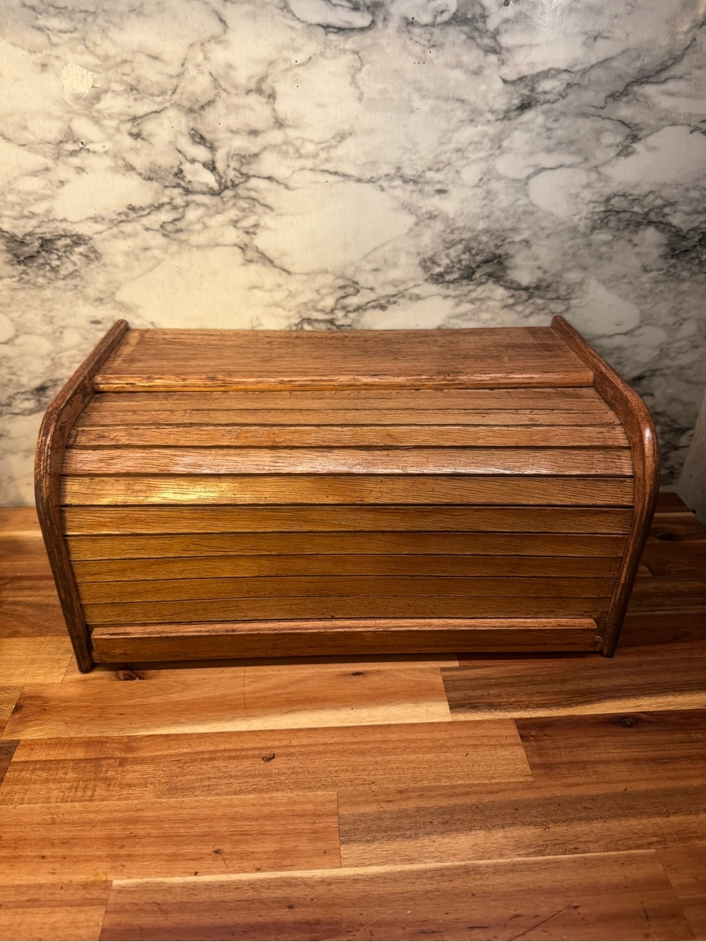 Vintage Wooden Roll-Top Bread Box in Warm Brown